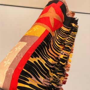 Louis Vuitton Black, Red & Tan Fringed Logo Scarf